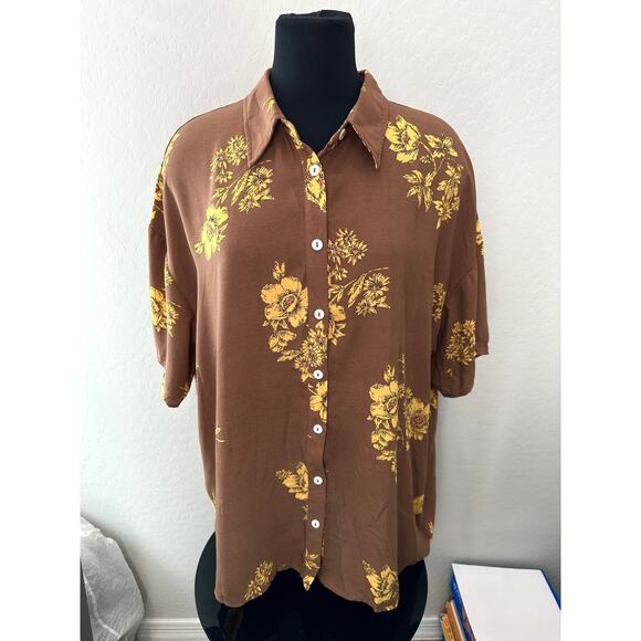 ROOLEE | Brown Yellow Floral Oversized Boxy Button Front Short Sleeve Top | XL - Picture 2 of 7